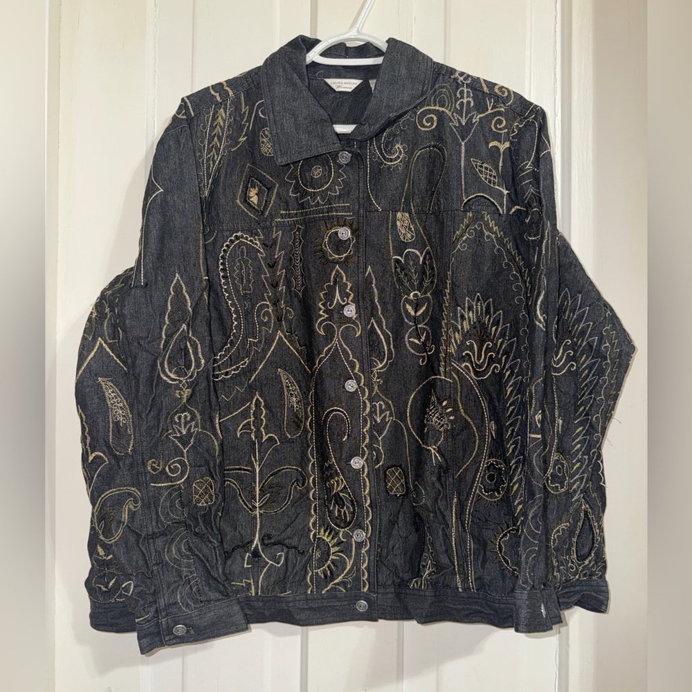 Laura Ashley plus size 2X Black and Gold Embroidered Jean‎ Jacket coat
